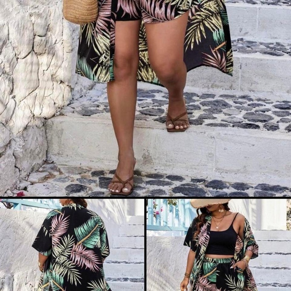 Tropical Palm Leaf Kimono and Shorts 2 Piece Set Black Pink Teal Summer Resort